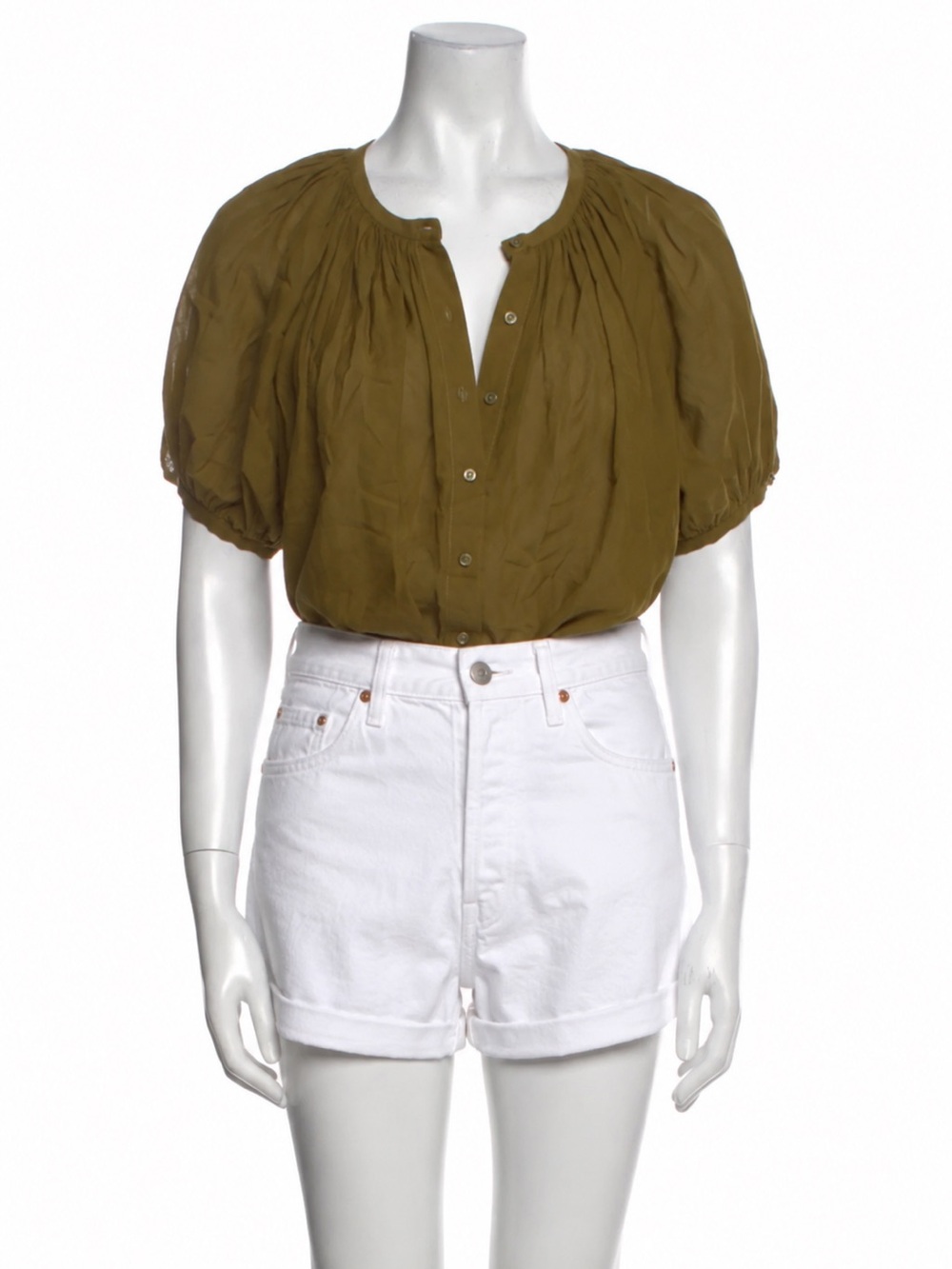 Doen June Olive Green Puff-Sleeve Button Front Women’s Blouse xs